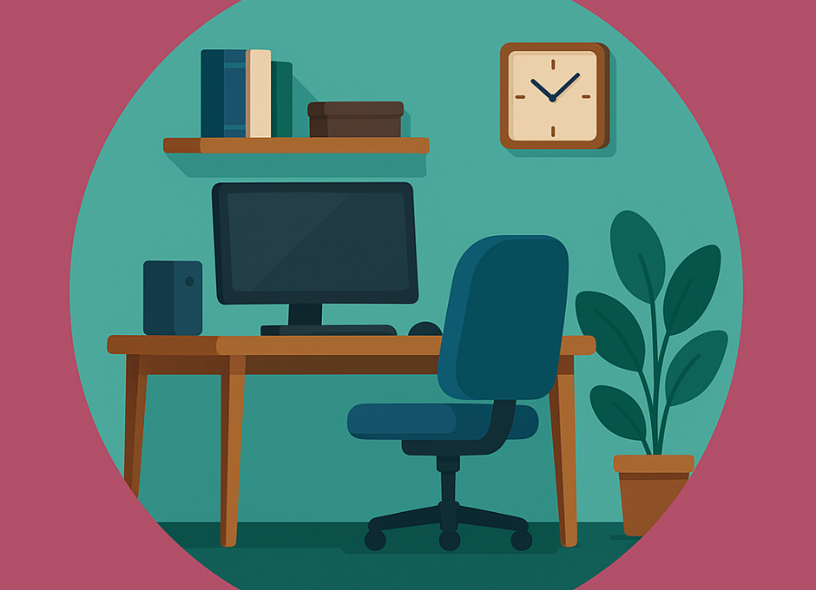 flat image style of an office and desk with office chair and desktop pc