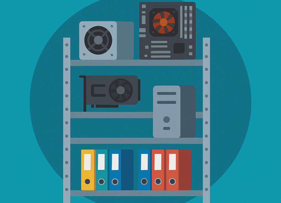 flat image style of a shelves with pc parts and boxfiles on them